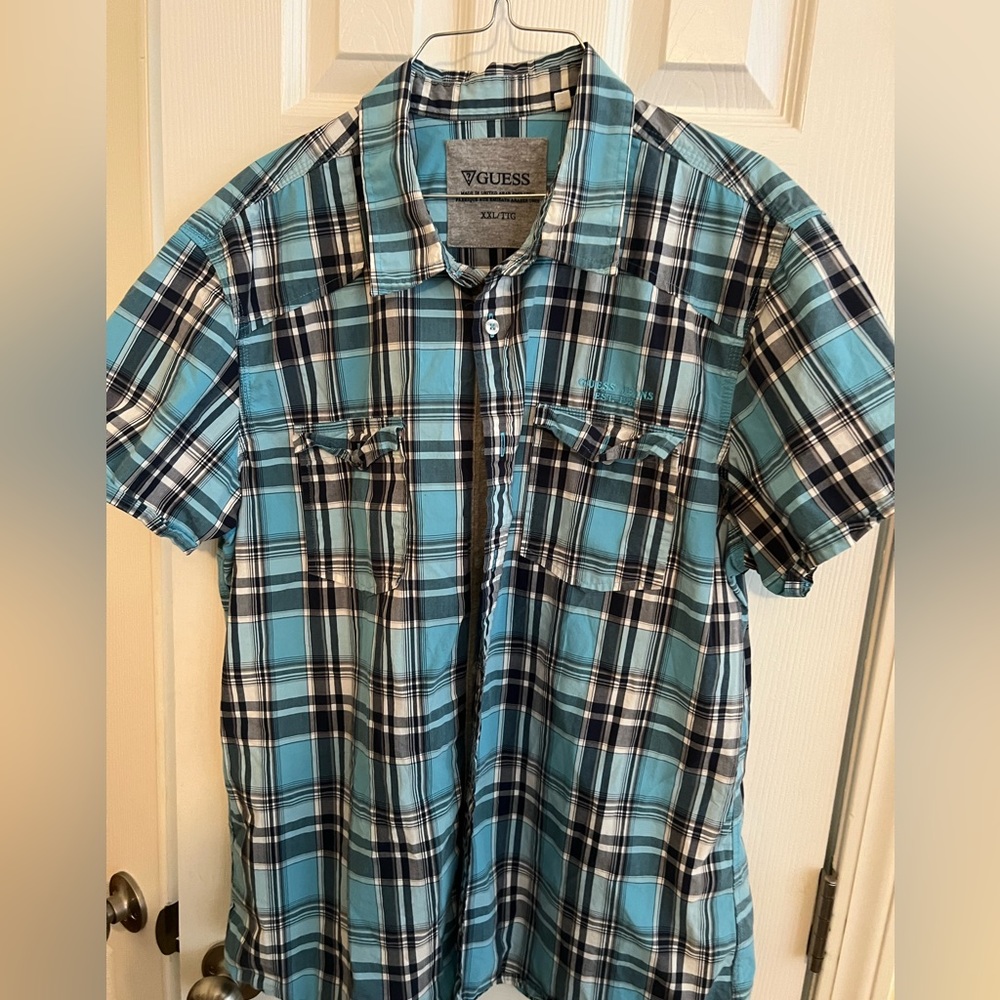 Guess Shirt Mens Blue Plaid Short Sleeve Button up